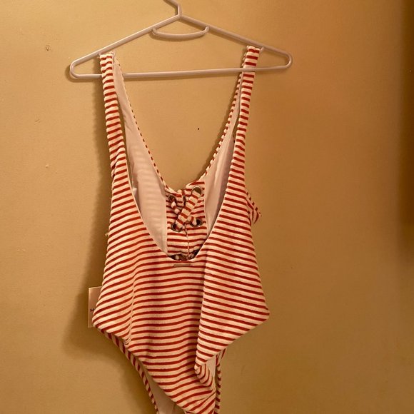 Mara Hoffman Terry Lace-Up Striped Swimsuit in Rust - Picture 4 of 7